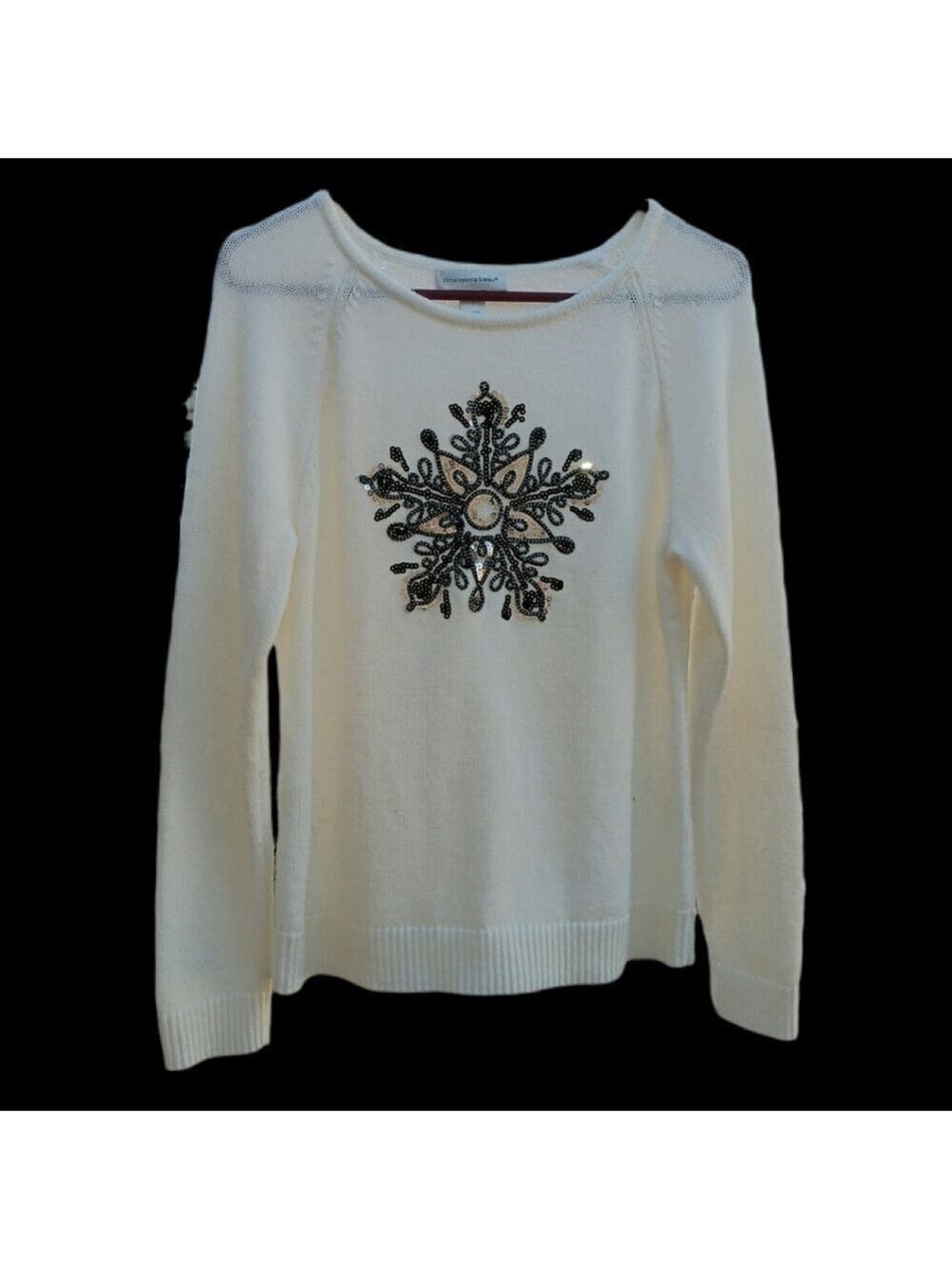 Christopher & Banks Beaded Snowflake Ivory Sweater Size S Cotton/Acrylic